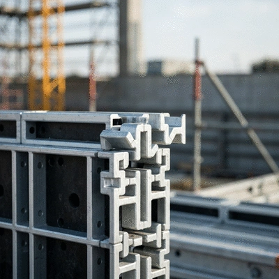 Detailed close-up of aluminum formwork components showing precision engineering and modularity