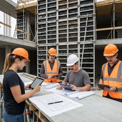 Construction site with aluminum formwork, showing workers collaborating with digital tablets, representing efficiency and modern techniques