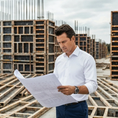 Engineer reviewing blueprints on a construction site, surrounded by formwork panels, focused and professional, no text, no words, no typography, clean image