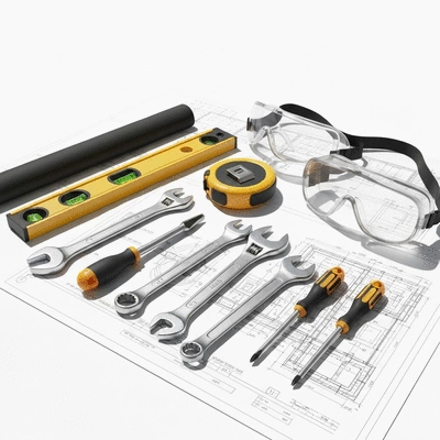 Various construction tools laid out on a blueprint