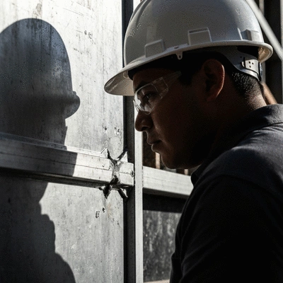 Close-up of a construction worker inspecting aluminium formwork, clean image, no text