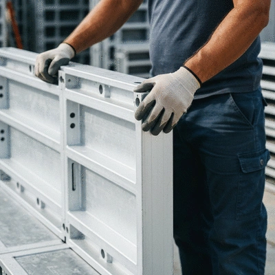 Close-up of aluminium formwork panels being handled by a construction worker, focus on lightweight and ergonomic design, safety gloves, clean image, no text, no words, no typography, 8K