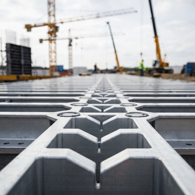 Close-up of interlocking aluminum precision formwork panels on a construction site