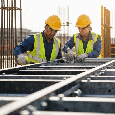 Construction workers maintaining aluminum formwork on a site