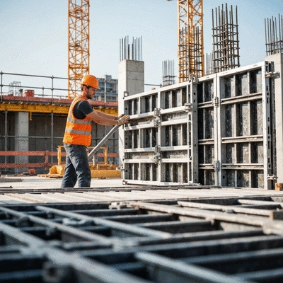 Lightweight aluminium column formwork being handled by a construction worker on a construction site