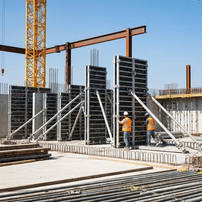 Modern construction site with workers assembling aluminum formwork, focus on efficiency and safety