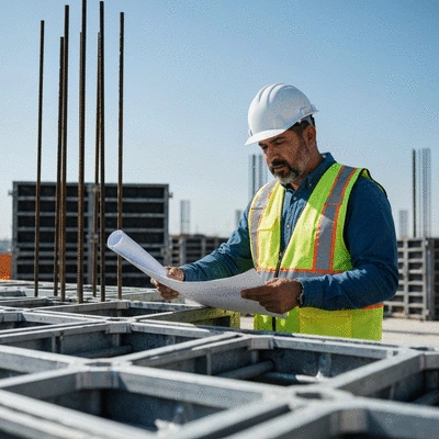 Construction engineer inspecting modular aluminum formwork on a construction site