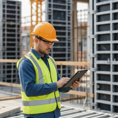 Construction worker reviewing safety checklist on a tablet