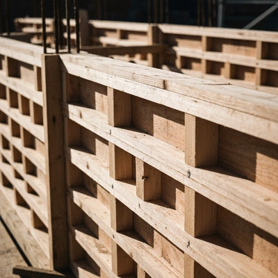 Timber formwork being used on a construction site, close-up of wooden panels
