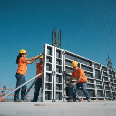 Construction workers assembling aluminium wall formwork on a building site