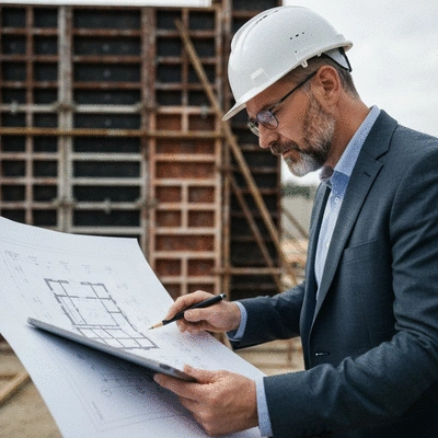 Architect reviewing blueprints for a building project with formwork in the background