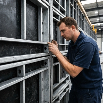 Close-up of a construction worker inspecting aluminum formwork for maintenance