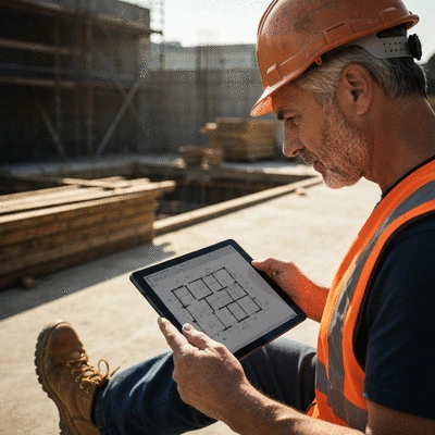 Engineer reviewing building plans on a tablet at a construction site