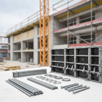 Close-up view of various formwork accessories like ties, rods, and braces neatly arranged on a construction site, ready for use, with a blurred background of a building under construction. No text, no words, no typography, no labels, clean image.