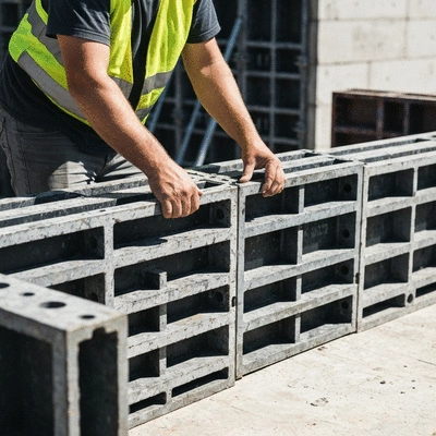 Construction worker assembling reusable formwork on a building site