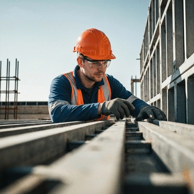 Worker inspecting aluminum formwork on a construction site