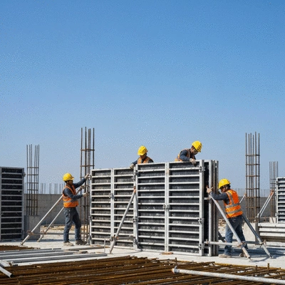 Construction site with aluminium formwork being assembled