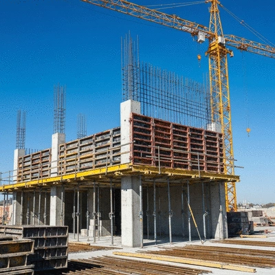 Construction site with modern formwork systems in use