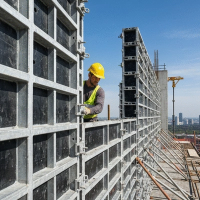 Construction workers installing aluminium formwork on a building site