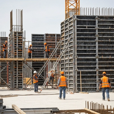 Modern construction site with aluminum formwork partially installed, workers in safety gear, natural lighting, no text, no words, no typography, 8K