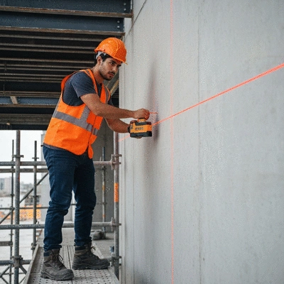 Construction worker using a laser level to mark precise lines on a building site, no text, no words, no typography