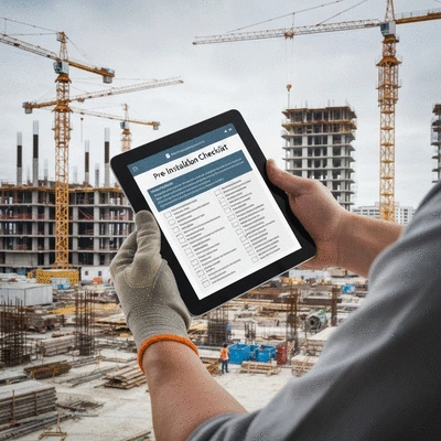 Construction worker reviewing a safety checklist on a tablet