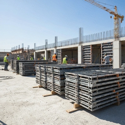 Aluminium formwork components neatly stacked on a construction site, with workers in the background, clean image, no text
