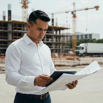 Architect reviewing blueprints with a tablet, construction site in background, no text