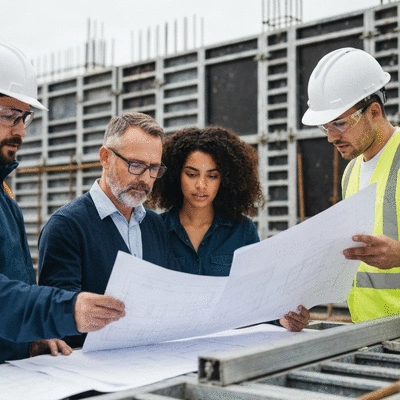 Engineers reviewing blueprints with a background of aluminum formwork on a construction site, no text, no words, no typography, clean image