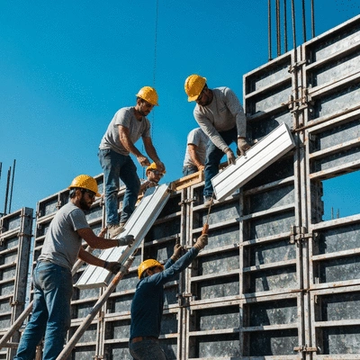 Construction workers installing aluminum formwork panels on a building site