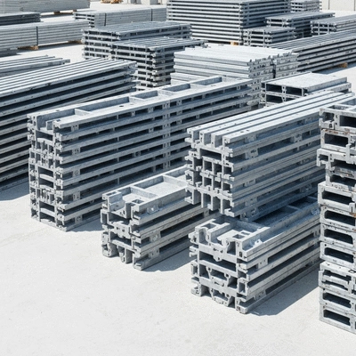 Detailed shot of aluminum formwork components on a construction site