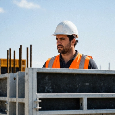 Construction worker inspecting aluminum formwork on a building site