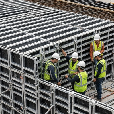 Construction workers inspecting aluminium formwork on a building site