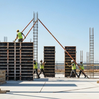 Modern construction site with formwork panels being installed, workers in safety gear, clear skies, no text, no words, no typography, clean image