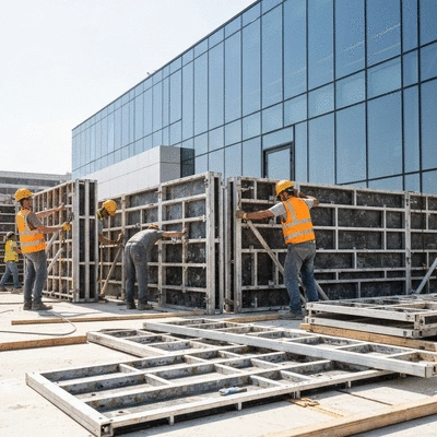 Construction workers assembling lightweight aluminum formwork panels on a building site