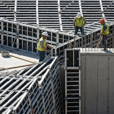 Modern construction site with aluminum formwork being assembled