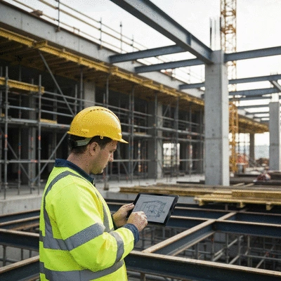 Construction worker reviewing BIM model on a tablet with aluminum formwork in background