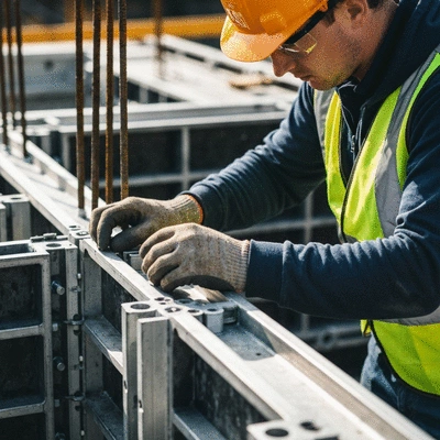 Construction worker inspecting aluminum formwork on a building site
