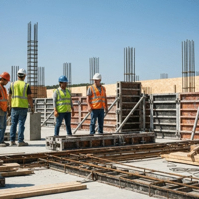 Modern construction site with formwork and various accessories in use, showing workers collaborating to assemble concrete forms, safety equipment visible, bright daylight. No text, no words, no typography, no labels, clean image.