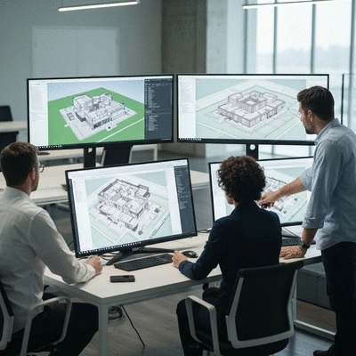 Architects and engineers collaborating on a 3D BIM model on large screens, demonstrating integrated workflows