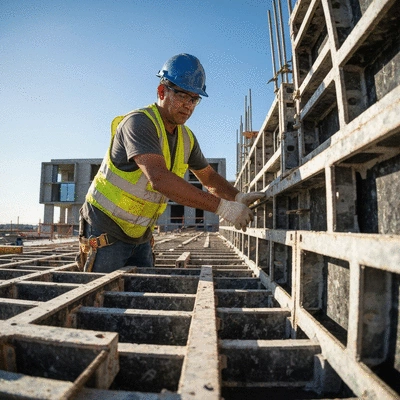 Construction workers assembling lightweight formwork panels on a building site