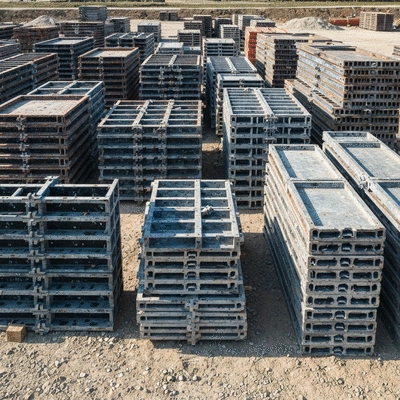 Various types of formwork (steel, aluminum, modular) neatly arranged on a construction site