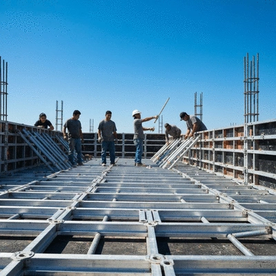 Construction site with workers assembling aluminum formwork, clear blue sky, no text, no words, no typography, 8K, natural lighting