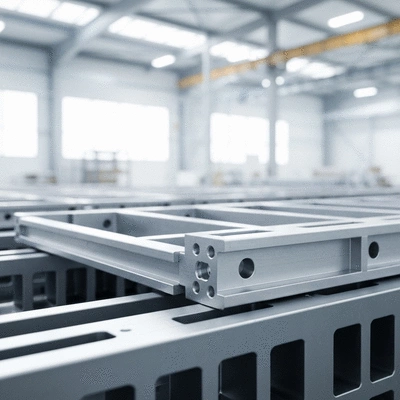 Close-up of aluminium formwork panels being manufactured in a clean, modern factory