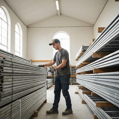 Construction site worker organizing aluminium formwork panels in a designated, well-lit storage area, no text, no words, no typography, 8K