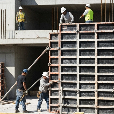 Construction workers assembling light modular formwork on a building site