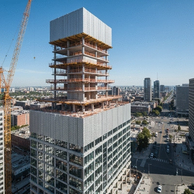 Modern high-rise building under construction with visible aluminum formwork system, urban background, clear sky