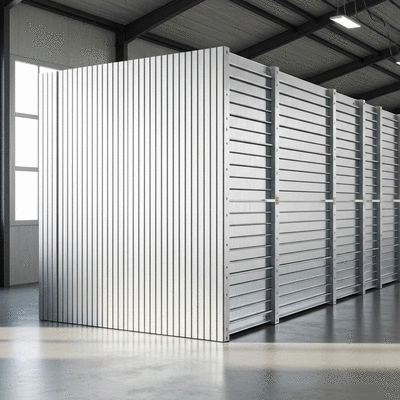 Stack of aluminum formwork panels neatly stored in a warehouse, clean and organized, no text, no words, no typography, 8K
