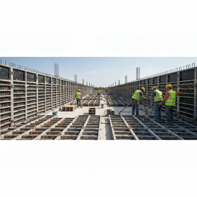 Sustainable construction site using modern aluminum formwork, with a focus on eco-friendly practices