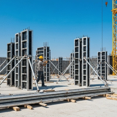 Modern construction site with aluminum formwork being assembled by workers